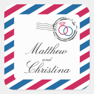 Briefmarke von Luftpost und Hochzeitsraten Quadratischer Aufkleber