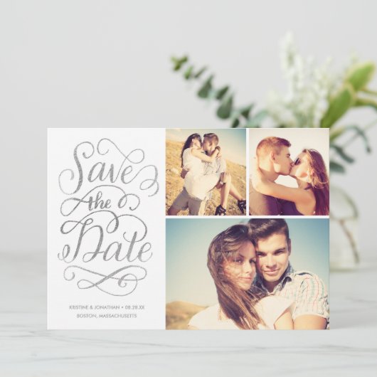 Brieftes Silber-Imitat Save the Date Collage (Stehend Vorderseite)