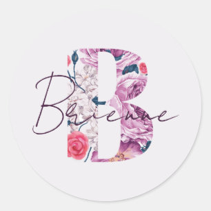 Brienne Baby Name Flower Schrift Vintage Floral B Runder Aufkleber
