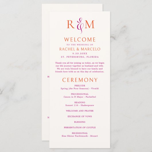 Brig rosa Orange Simple Monogram Wedding Program (Vorne/Hinten)