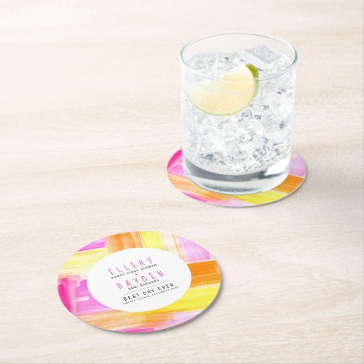 Bright abstract art pink yellow peach wedding runder pappuntersetzer (Vor Ort)