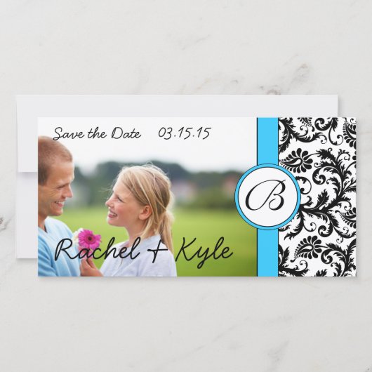 Bright Aqua Black Damask Save the Date Ihr Foto (Vorderseite)