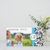 Bright Aqua Black Damask Save the Date Ihr Foto (Stehend Vorderseite)