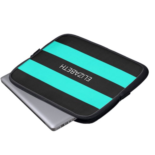 Bright Aqua Black Horiz Preppy Strip #3 Monogram Laptopschutzhülle (Vorne Knopf)