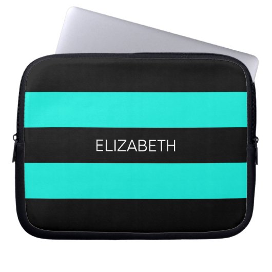 Bright Aqua Black Horiz Preppy Strip #3 Monogram Laptopschutzhülle (Vorderseite)