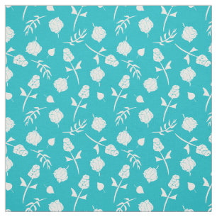 Bright Aqua Blue und White Rosenknospe Floral Must Stoff