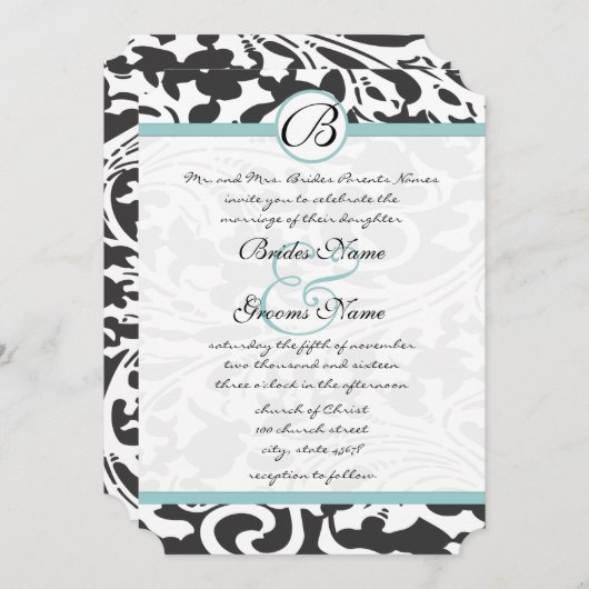 Bright Aqua Damask Leaf Wirbel Hochzeitsfeier Einladung (Vorne/Hinten)