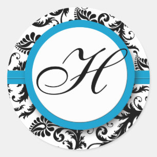 Bright Aqua Damask Monogram Wedding Stickers