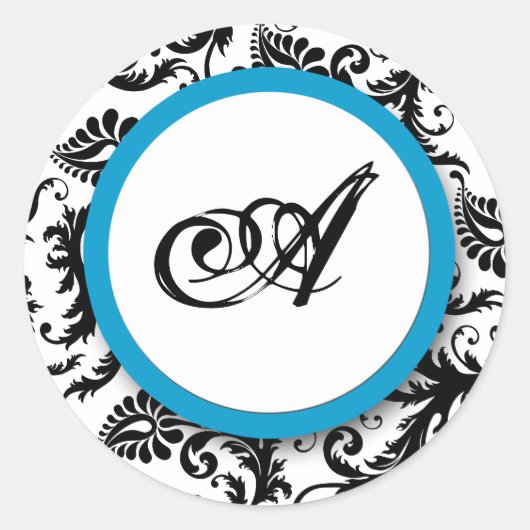 Bright Aqua Damask Monogram Wedding Stickers (Vorderseite)