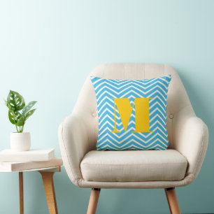 Bright Aqua Ivory und Gray Monogram Zig Zag Kissen