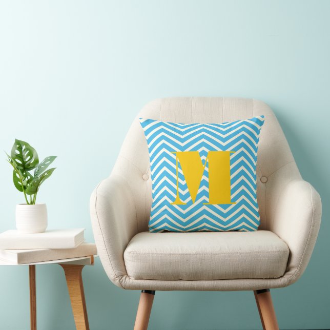 Bright Aqua Ivory und Gray Monogram Zig Zag Kissen (Stuhl )