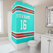 Bright Aqua mit Red White Stripes Sports Jersey Duschvorhang (Beispiel)