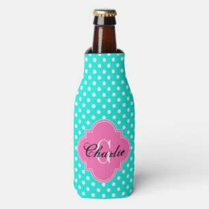Bright Aqua White Dots Hot Pink Quatr Name Initial Flaschenkühler