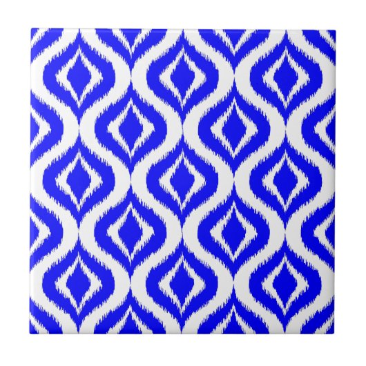 Bright Azure Blue Retro Chic Ikat Droptern Muster Fliese (Vorderseite)