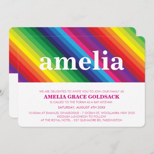 BRIGHT BAT MITZVAH farbiger Regenbogenstreifen, ei Einladung (Vorne/Hinten)