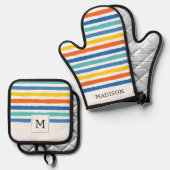 Bright Beachy Strip Muster Ofenhandschuh & Topflappen-Set (Vorderseite/Rückseite)