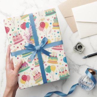 Bright Birthday Cakes and Balloons Wrapping Paper Geschenkpapier