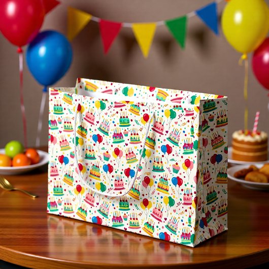 Bright Birthday Cakes and Balloons Wrapping Paper Große Geschenktüte