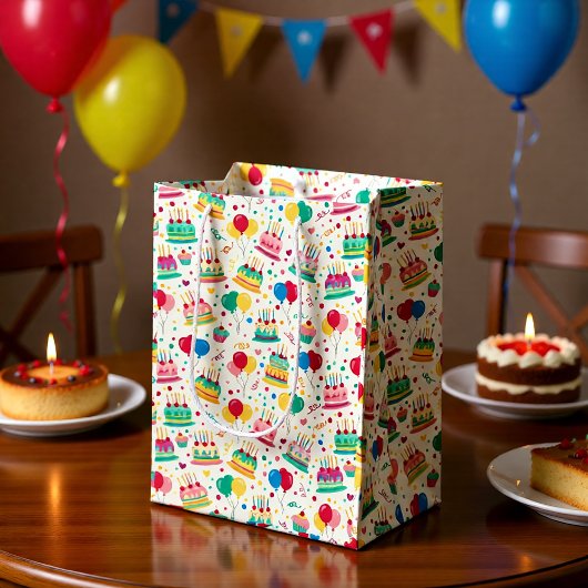 Bright Birthday Cakes and Balloons Wrapping Paper Mittlere Geschenktüte