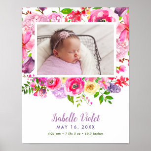 Bright Blooms Baby Girl Birth Stat Foto Poster