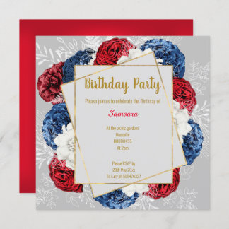 BRIGHT BLRAL RED BLUE GRAY FRAME BIRTHDAY SQUARE EINLADUNG