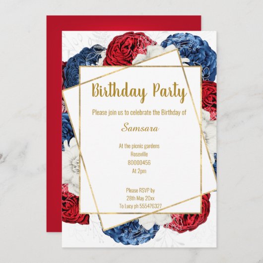 BRIGHT BLRAL RED BLUE WHITE FRAME GEBURTSTAG EINLADUNG (Vorne/Hinten)