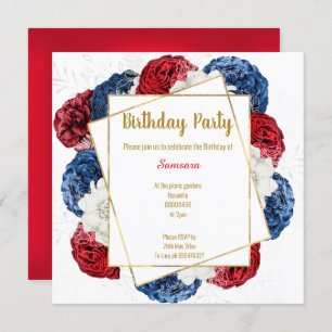 BRIGHT BLRAL RED BLUE WHITE FRAME GEBURTSTAG SQUAR EINLADUNG