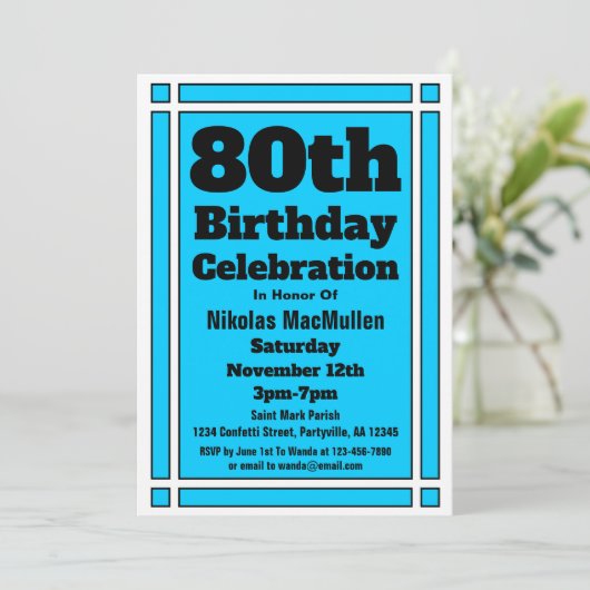 Bright Blue 80. Geburtstag Einladung (Stehend Vorderseite)