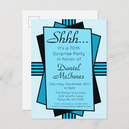 Bright Blue Art Deco 70. Überraschung Party Geburt Einladungspostkarte (Vorne/Hinten)