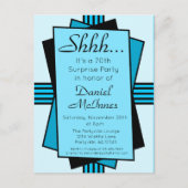 Bright Blue Art Deco 70. Überraschung Party Geburt Einladungspostkarte (Vorderseite)