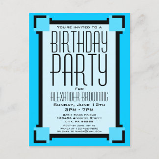 Bright Blue Art Deco Geburtstag Einladung Postkart