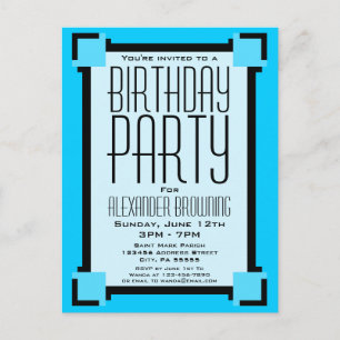 Bright Blue Art Deco Geburtstag Einladung Postkart
