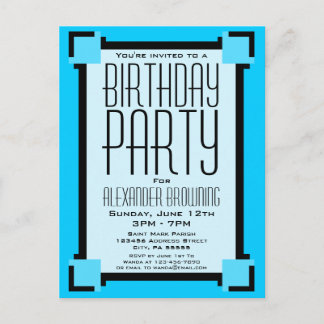 Bright Blue Art Deco Geburtstag Einladung Postkart