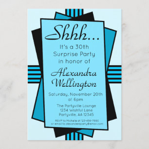 Bright Blue Art Deco Überraschung Party Geburtstag Einladung