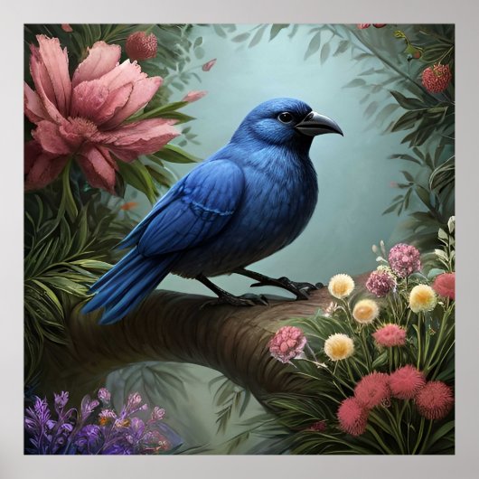 Bright Blue Bird auf einem Zweig Poster (Vorne)