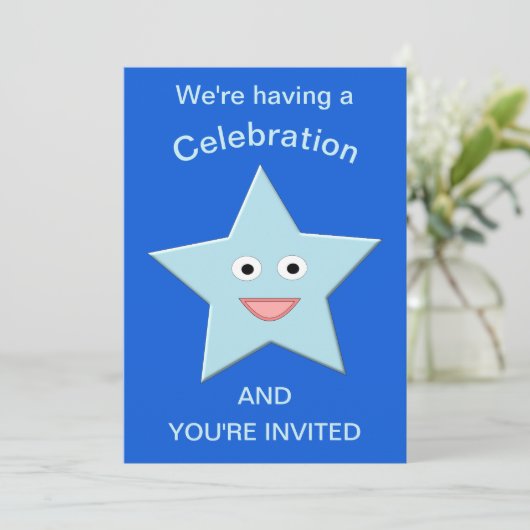 Bright Blue Celebration Star Custom Invites Einladung (Stehend Vorderseite)