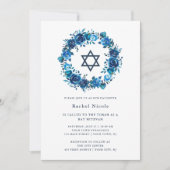 Bright Blue Floral und Star von David| Bat Mitzvah Einladung (Vorderseite)