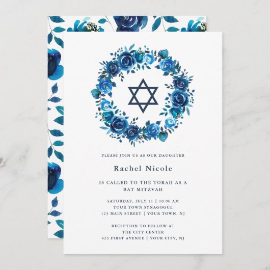 Bright Blue Floral und Star von David| Bat Mitzvah Einladung (Vorne/Hinten)