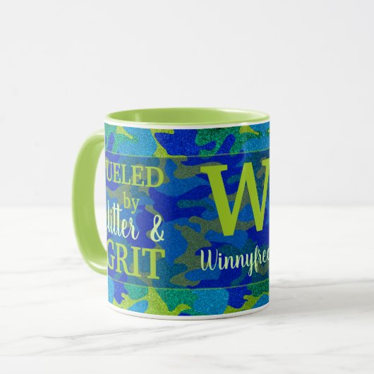 Bright Blue & Green Camouflage Glitter Camo Name Tasse (Vorderseite Links)