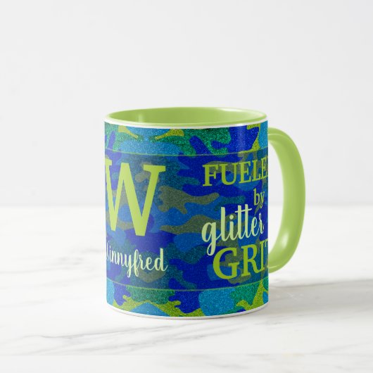 Bright Blue & Green Camouflage Glitter Camo Name Tasse (VorderseiteRechts)