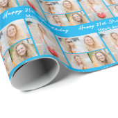 Bright Blue Happy Birthday Photo Collage Geschenkpapier (Rolleneckpunkt)