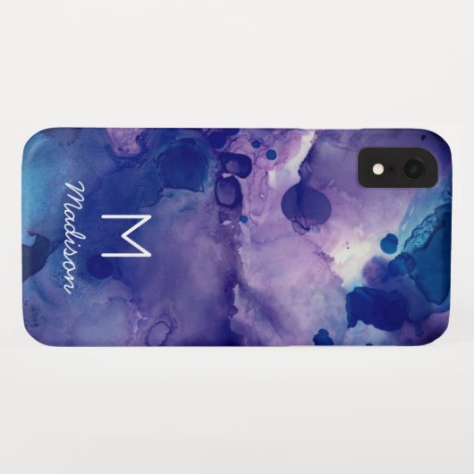 Bright Blue & Lila Abstrakte Alkoholtinte Monogram Case-Mate iPhone Hülle (Rückseite (Horizontal))