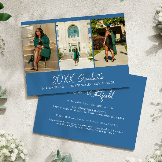 Bright Blue Minimal Foto Collage Graduation Party Einladung