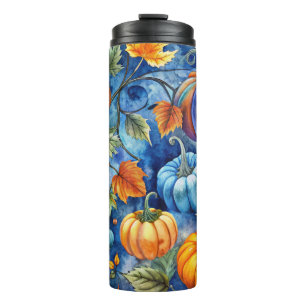 BRIGHT BLUE & ORANGE FALL AUTUMN PUMPKINS THERMOSBECHER