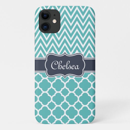 Bright Blue Quatrefoil Zickzack Patterns Navy Name Case-Mate iPhone Hülle (Rückseite)