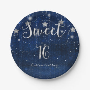 Bright Blue & Silver Starry Sweet 16 Party Pappteller