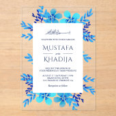 Bright Blue Watercolor Floral Islamic Wedding Acryleinladungen (Vorderseite)