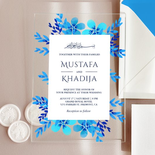 Bright Blue Watercolor Floral Islamic Wedding Acryleinladungen