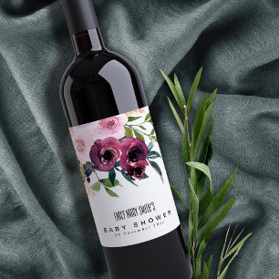 BRIGHT BLUSH BURGUNDY FLORAL BUNCH BABY DUSCHE WEINETIKETT