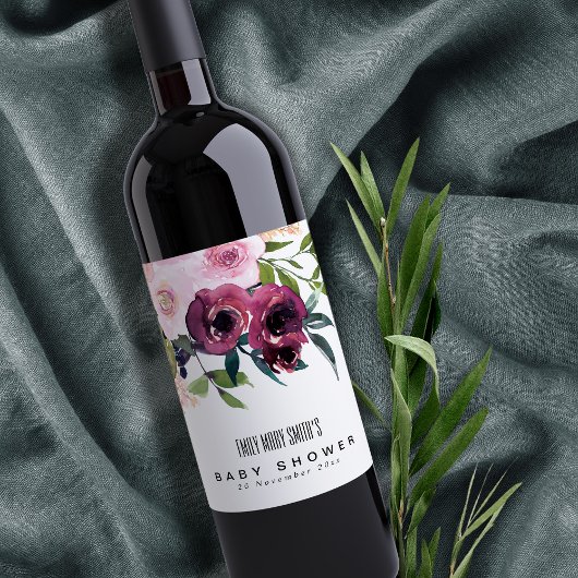 BRIGHT BLUSH BURGUNDY FLORAL BUNCH BABY DUSCHE WEINETIKETT